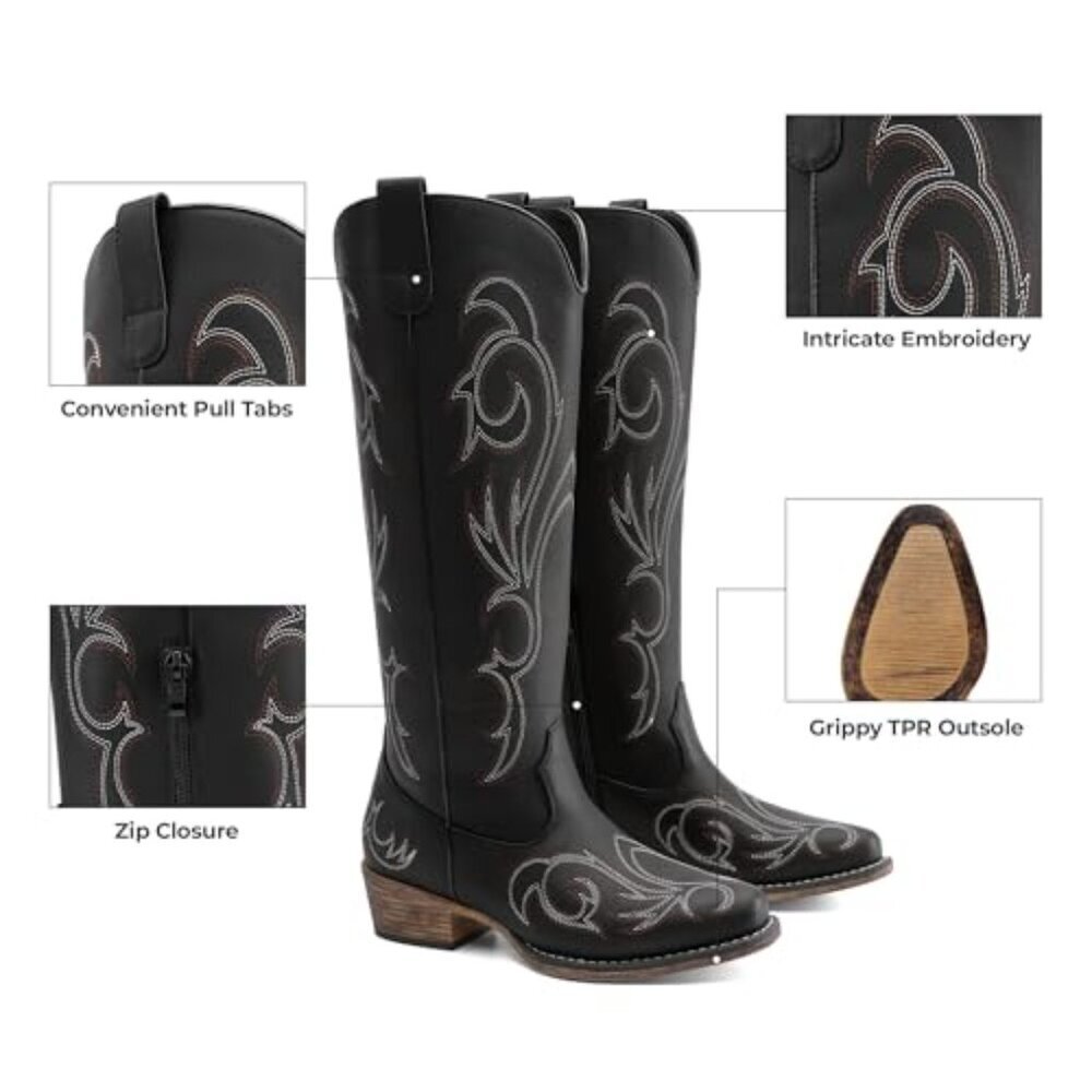 Women's Knee High Western Boots with Embroidery 1.6-Inch Heel - Picture 4 of 8
